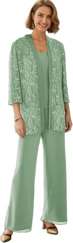 3 Pieces Mother of The Bride Pant Suits with Jacket Chiffon Lace 3/4 Sleeve Wedding Guest Pantsuit WT026 in Saudi Arabia