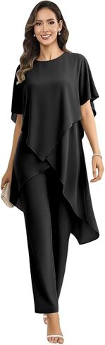 2 Piece Dressy Mother of The Bride Pant Suits Scoop Neck Chiffon Wedding Guest Outfit with Sleeves for Women in Kuwait