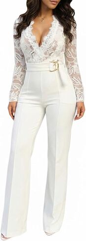 CHICME Womens Floral Lace Jumpsuit 2026 Deep V-Neck Casual Long Sleeve Ovearalls with Belt Pant Side Pockets in Saudi Arabia