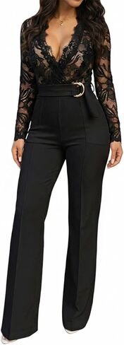 CHICME Womens Floral Lace Jumpsuit 2026 Deep V-Neck Casual Long Sleeve Ovearalls with Belt Pant Side Pockets in Saudi Arabia
