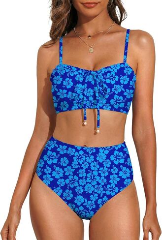 Herseas Women's Floral Print Bikini Sets Lace Up Front 2 Piece High Wasited Swimsuits Ruched Ruffle Trim Bathing Suit in Saudi Arabia
