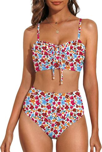 Herseas Women's Floral Print Bikini Sets Lace Up Front 2 Piece High Wasited Swimsuits Ruched Ruffle Trim Bathing Suit in Saudi Arabia