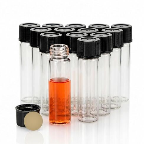 1 Dram Clear Glass Shorty Sample Lab Vials, 4ML,13-425 Black Closed Top PP Screw Cap and Natural PTFE/White Silicone 1mm Thick Septa, 144pcs/pk in Kuwait