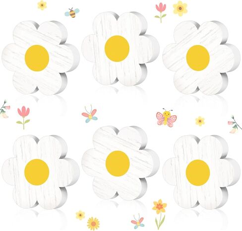 Qunclay 6 Pieces Spring Tiered Tray Decor Daisy Flower Wooden Signs Easter Tiered Tray Decor Wooden Sign Farmhouse Rustic Wood Tiered Tray Decor for Spring Table Shelf Party Kitchen (White and Yellow) in Saudi Arabia
