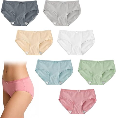 7 PCS Underwear for Women, Ladies Mid-Rise Cotton Panties, Soft Breathable Briefs with Cute Bow Detail for Daily Wear in Saudi Arabia