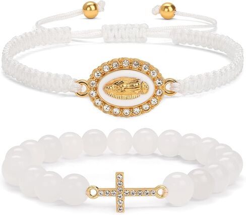 سوار متقاطع للنساء - سوار كاثوليكي بحجر أبيض طبيعي وحبل مضفر، هدايا دينية للنساء والرجال المسيحيين، مجوهرات الإيمان مع سحر الصليب ومريم العذراء in Kuwait