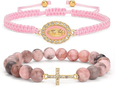Cross Bracelet for Women - Catholic Bracelet with Natural White Stone & Braided Cord, Religious Gifts for Christian Man Women, Faith Jewelry with Cross & Virgin Mary Charms in Saudi Arabia