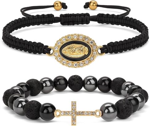 Cross Bracelet for Women - Catholic Bracelet with Natural White Stone & Braided Cord, Religious Gifts for Christian Man Women, Faith Jewelry with Cross & Virgin Mary Charms in Saudi Arabia