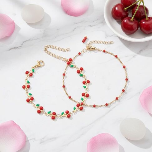 Jojomina Cherry Bracelets for Women Fun Cute Cherry Charm Beaded Bracelet Accessories Y2K Vintage Summer Aesthetic Accessories 2 PCs in Saudi Arabia
