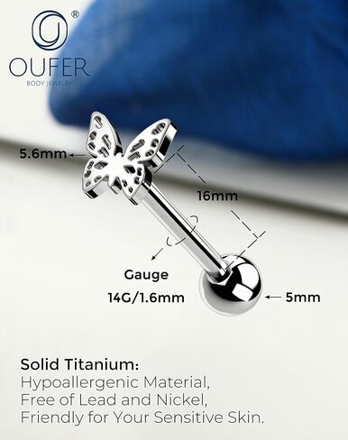 حلقات اللسان OUFER 14G مصنوعة من التيتانيوم G23، مجوهرات ثقب اللسان على شكل فراشة مع جزء علوي ملولب داخليًا، ثقب الأثقال القوطية للنساء in Saudi Arabia