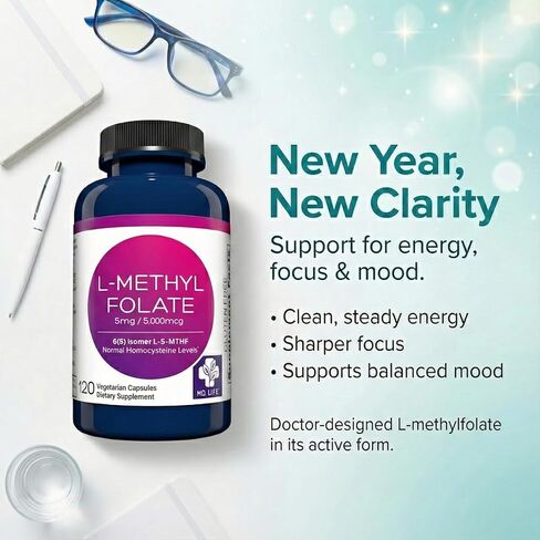 MD Life L-Methylfolate 5mg - Professional-Grade Active Methylfolate Supplement - Maximum Potency MTHFR Supplements - L methylfolate 5mg 120 Capsules - Essential Amino Acids in Saudi Arabia