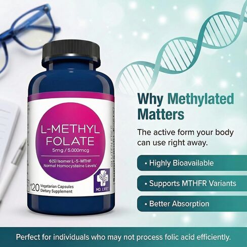MD Life L-Methylfolate 5mg - Professional-Grade Active Methylfolate Supplement - Maximum Potency MTHFR Supplements - L methylfolate 5mg 120 Capsules - Essential Amino Acids in Saudi Arabia