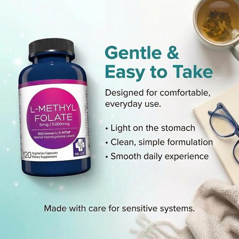MD Life L-Methylfolate 5mg - Professional-Grade Active Methylfolate Supplement - Maximum Potency MTHFR Supplements - L methylfolate 5mg 120 Capsules - Essential Amino Acids in Saudi Arabia
