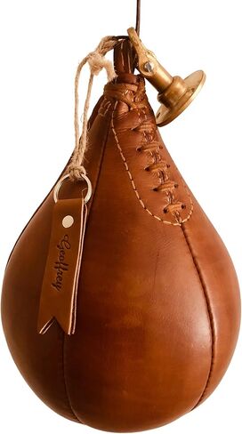 Retro Speed Punch Ball Bag with Brass Fitting Hanging | TAN Leather Vintage Boxing Training | Size 5 | GEOFFREY (Tan) in Saudi Arabia