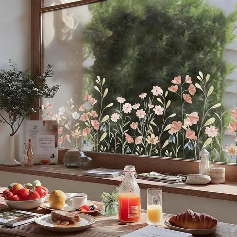 Wild Flowers Spring Window Sticker Double-Side Botanical Window Film,Colorful Static Cling DIY Removable for Home Window Mirror Door Glass Room Decor in Kuwait