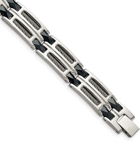 Stainless Steel Polished with Dark Blue Ceramic and Cable Inlay Link Chain Bracelet for Men 8.75"", White, AFJ-QG-SRB338-8.75-PK in Saudi Arabia