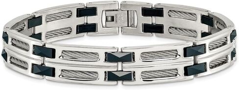 Stainless Steel Polished with Dark Blue Ceramic and Cable Inlay Link Chain Bracelet for Men 8.75"", White, AFJ-QG-SRB338-8.75-PK in Saudi Arabia
