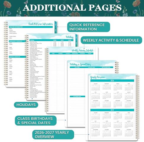 مخطط المعلم 2026-2027 - مخطط دروس المعلم، مخطط أكاديمي 2026-2027، يوليو 2026 - يونيو 2027، 8.5 × 11 بوصة، 26-27 مخطط أسبوعي وشهري، كتاب خطة الدرس للمعلمين، علامات تبويب ملونة، جيب داخلي - زهور in Kuwait