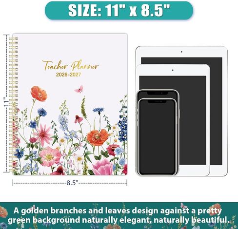 مخطط المعلم 2026-2027 - مخطط دروس المعلم، مخطط أكاديمي 2026-2027، يوليو 2026 - يونيو 2027، 8.5 × 11 بوصة، 26-27 مخطط أسبوعي وشهري، كتاب خطة الدرس للمعلمين، علامات تبويب ملونة، جيب داخلي - زهور in Kuwait