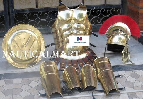 Roman Muscle Body Armor Set Functional Medieval Cuirass with Brass Centurion Helmet, Leg & Arm Guard, Shield Halloween Outfit Brass in Saudi Arabia