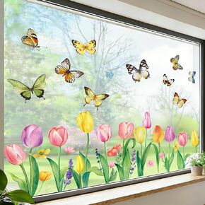 Easter Window Clings Decorations, Cute Spring Summer Watercolor Tulip Butterfly Window Stickers, Double Sided Pink Yellow Spring Easter Tulip Floral Decal for Home Office School Décor in Kuwait