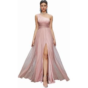 Women's Glamorous One Shoulder Sparkly Tulle Long Evening Dress with High Slit Waist Cinching for Weddings Party in Kuwait