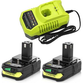 بطارية بديلة P102 وشاحن لبطارية Ryobi 18V P102 P103 P104 P105 P107 P108 P109 P122 أدوات كهربائية لاسلكية متوافقة مع شاحن Ryobi 18V 2 حزم 18V 3000 مللي أمبير في الساعة in Kuwait