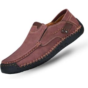 Mens Hand Stitching Retro Leather Slip-On Loafers Lightweight Round Toe Non-Slip Casual Shoes for Driving Outdoor Walking in Saudi Arabia