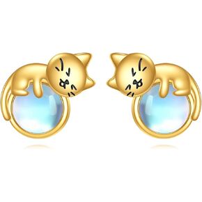 14K Real Gold Cat Earrings Solid Yellow Gold Moonstone Studs Jewelry Birthday Mother's Day Anniversary Christmas Gifts for Women in Saudi Arabia