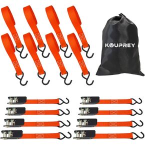 Ratchet Straps,Boat Tie Down Straps to Trailer, Motorcycle Straps,Kayak Tie Downs, 4-PK 1" x 15ft, 1800 LB Break Strength Safety S-Hook & 2 Bungees, Rubber Coated Handle Orange in Kuwait