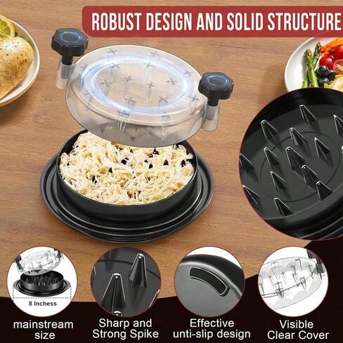 Chicken Shredder Tool Twist with Clear Lid 8 Inch Large Meat Shredder Machine Anti Slip Handle BPA Free Dishwasher Safe Chicken Breast Grinder for Pulled Pork Beef BBQ Accessories Black (Black) in Saudi Arabia
