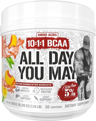 5% Nutrition Rich Piana AllDayYouMay BCAA Powder | Premium Intra & Post Workout Amino Acids, Hydration, Endurance, Muscle Recovery, Joint & Liver Support | 18.8 oz, 30 Servings (Italian Lemon Ice) in Saudi Arabia