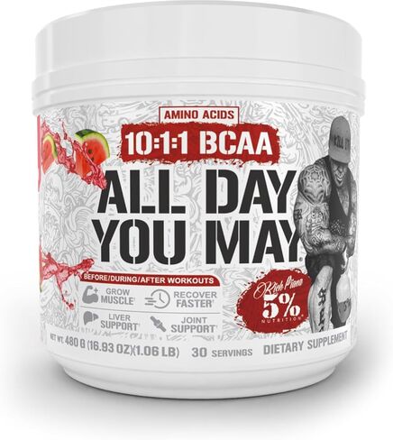 5% Nutrition Rich Piana AllDayYouMay BCAA Powder | Premium Intra & Post Workout Amino Acids, Hydration, Endurance, Muscle Recovery, Joint & Liver Support | 18.8 oz, 30 Servings (Italian Lemon Ice) in Saudi Arabia
