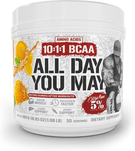 5% Nutrition Rich Piana AllDayYouMay BCAA Powder | Premium Intra & Post Workout Amino Acids, Hydration, Endurance, Muscle Recovery, Joint & Liver Support | 18.8 oz, 30 Servings (Italian Lemon Ice) in Saudi Arabia