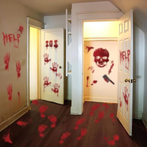 Tuzuaol 119 PCS Bloody Halloween Decorations Halloween Bloody Handprint Footprints Knife Stickers Window Wall Floor Clings Decals Horror Bathroom Zombie Party Decorations Supplies in Kuwait