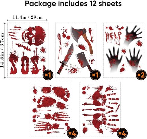 Tuzuaol 119 PCS Bloody Halloween Decorations Halloween Bloody Handprint Footprints Knife Stickers Window Wall Floor Clings Decals Horror Bathroom Zombie Party Decorations Supplies in Kuwait