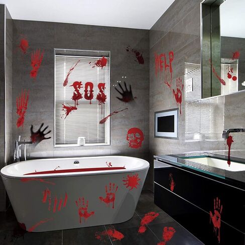 Tuzuaol 119 PCS Bloody Halloween Decorations Halloween Bloody Handprint Footprints Knife Stickers Window Wall Floor Clings Decals Horror Bathroom Zombie Party Decorations Supplies in Kuwait