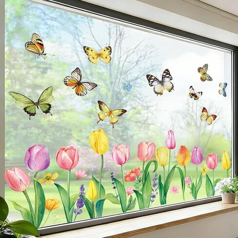 Easter Window Clings Decorations, Cute Spring Summer Watercolor Tulip Butterfly Window Stickers, Double Sided Pink Yellow Spring Easter Tulip Floral Decal for Home Office School Décor in Kuwait