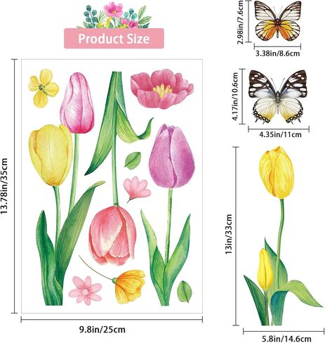 Easter Window Clings Decorations, Cute Spring Summer Watercolor Tulip Butterfly Window Stickers, Double Sided Pink Yellow Spring Easter Tulip Floral Decal for Home Office School Décor in Kuwait