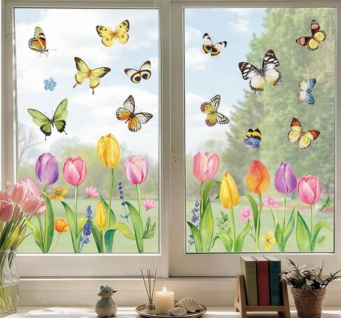 Easter Window Clings Decorations, Cute Spring Summer Watercolor Tulip Butterfly Window Stickers, Double Sided Pink Yellow Spring Easter Tulip Floral Decal for Home Office School Décor in Kuwait