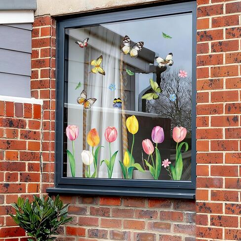 Easter Window Clings Decorations, Cute Spring Summer Watercolor Tulip Butterfly Window Stickers, Double Sided Pink Yellow Spring Easter Tulip Floral Decal for Home Office School Décor in Kuwait