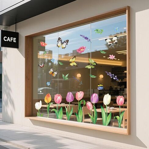 Easter Window Clings Decorations, Cute Spring Summer Watercolor Tulip Butterfly Window Stickers, Double Sided Pink Yellow Spring Easter Tulip Floral Decal for Home Office School Décor in Kuwait