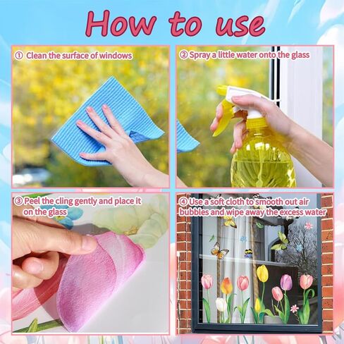 Easter Window Clings Decorations, Cute Spring Summer Watercolor Tulip Butterfly Window Stickers, Double Sided Pink Yellow Spring Easter Tulip Floral Decal for Home Office School Décor in Kuwait