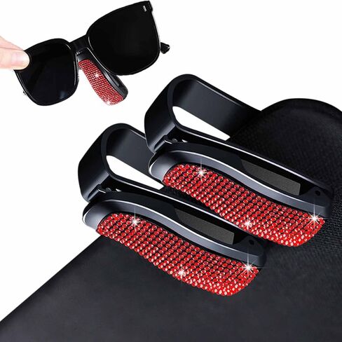 Shimmering Rhinestone Car Visor Clips (2-Pack) - One-Handed Glam Sunglass Holder, Secure Clip for Sun Visor (Red) in Kuwait