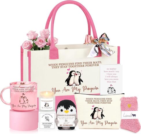 Anniversary Birthday Gifts for Women Wife Girlfriend, Penguin I Love You Romantic Gifts for Her Basket Set of 7 in Saudi Arabia