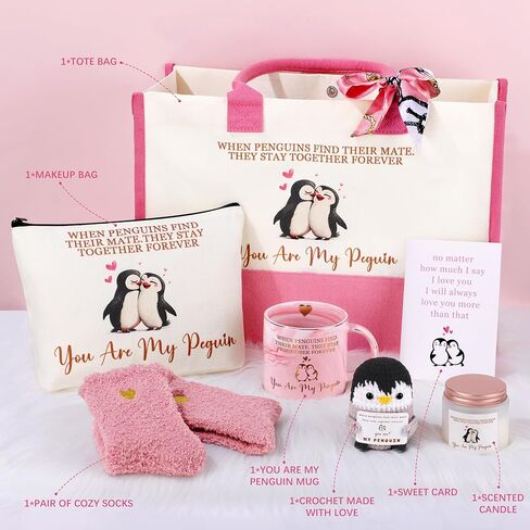 Anniversary Birthday Gifts for Women Wife Girlfriend, Penguin I Love You Romantic Gifts for Her Basket Set of 7 in Saudi Arabia