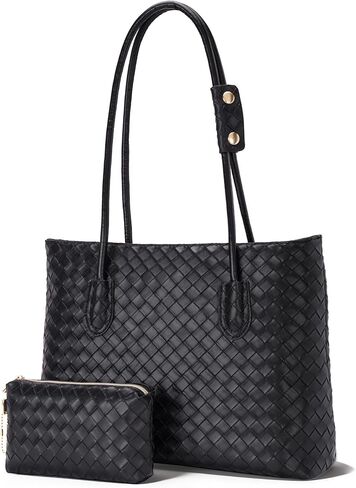 Woven Tote Bags for Women, Vegan Leather Shoulder Bag with Zipper and Matching Pouch, Large Capacity Women's Handbag Velvet Lining Design Weekender Bag for Work Travel Shopping (Black) | Woven Design, Velvet Lining in Saudi Arabia