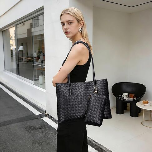 Woven Tote Bags for Women, Vegan Leather Shoulder Bag with Zipper and Matching Pouch, Large Capacity Women's Handbag Velvet Lining Design Weekender Bag for Work Travel Shopping (Black) | Woven Design, Velvet Lining in Saudi Arabia