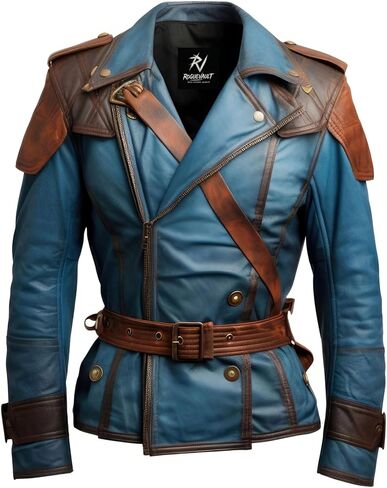 سترة جلدية باللونين الأزرق والبني للرجال، خصر بحزام وكتاف، معطف دراجة نارية Retro Steampunk، ياقة طية صدر السترة وتصميم حزام (الولايات المتحدة، Alpha، X-Large، عادي، عادي، أزرق وبني) in Saudi Arabia
