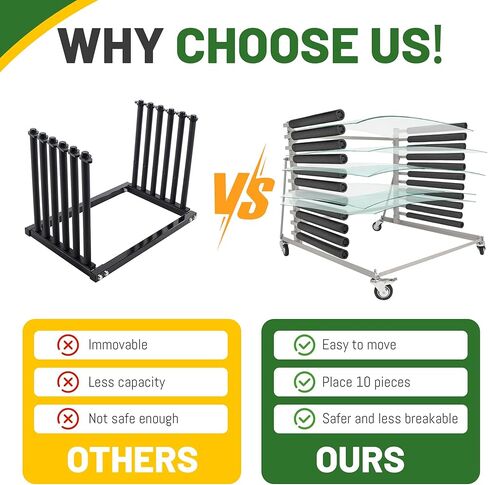 10 Slot Mobile Auto Windshield Glass Rack w/ 4 Heavy Duty Casters 2" Padded Bars Powder Coated in Saudi Arabia